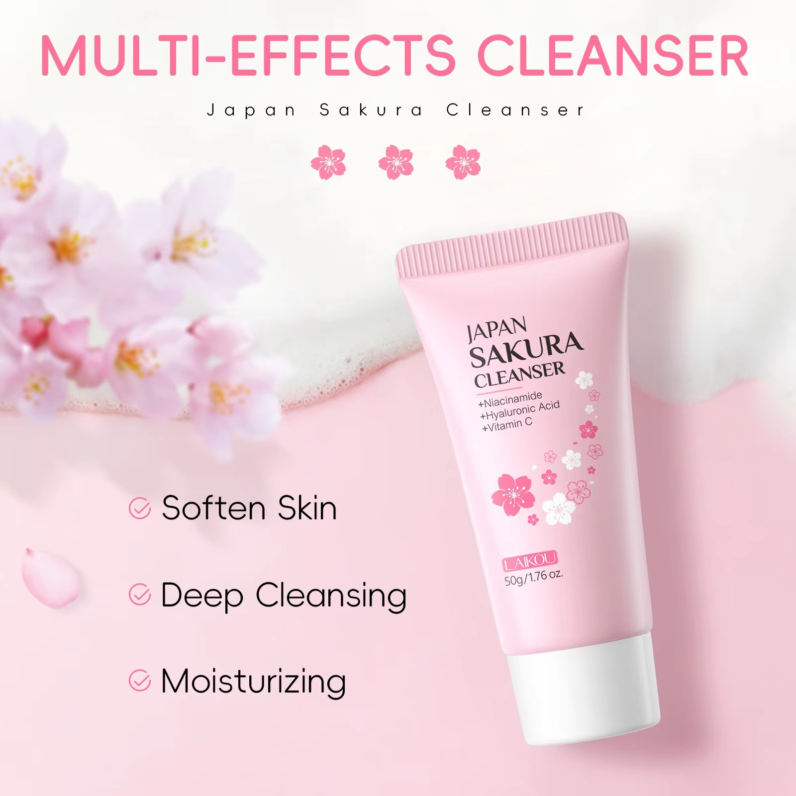 LAIKOU Japan Sakura Facial Cleanser Oil Control Cleansing Face Wash Cream Pore Clean