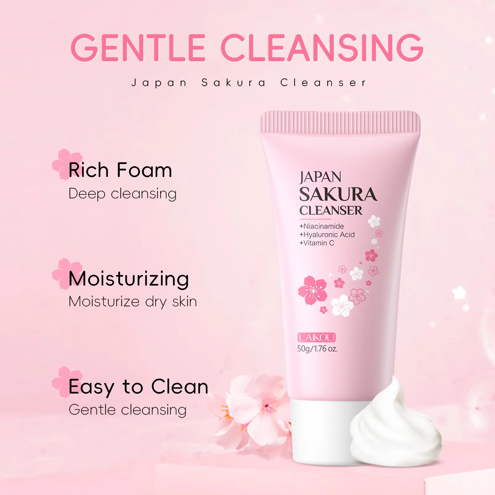LAIKOU Japan Sakura Facial Cleanser Oil Control Cleansing Face Wash Cream Pore Clean